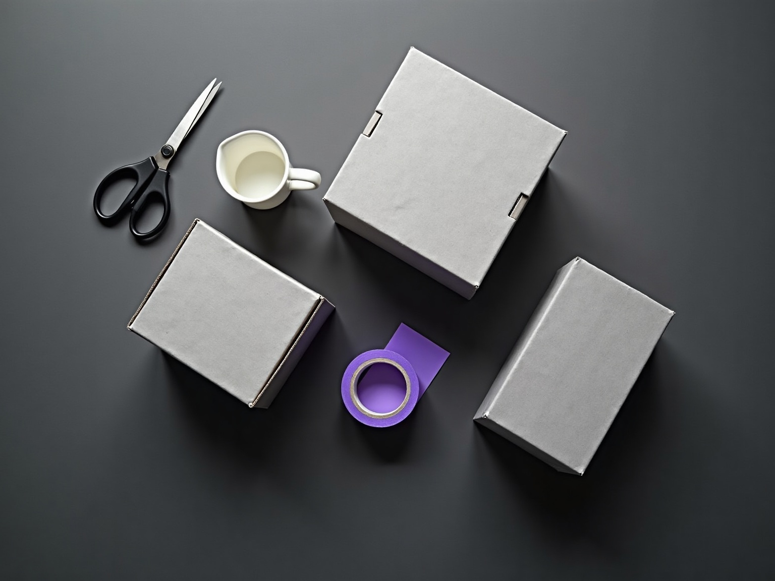 Packing materials laid out on a dark workbench