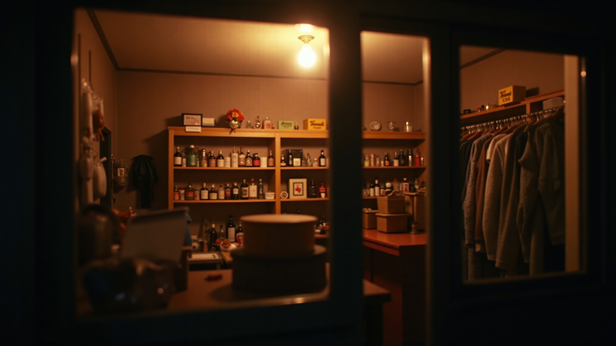 A small shop lit up at night, seen from the street